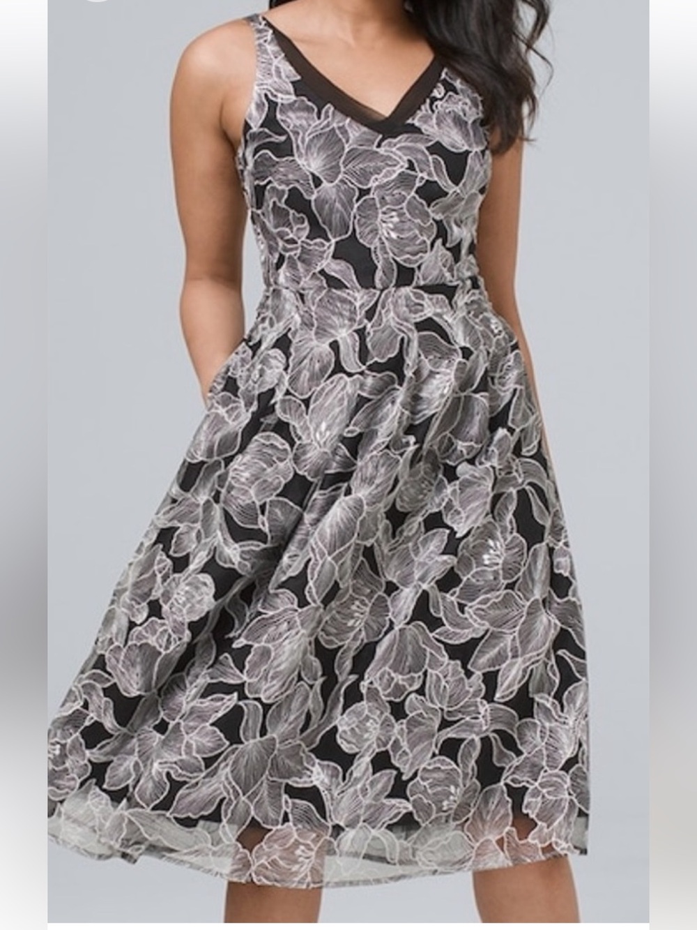 White House Black Market Black Floral Lace V-Neck Midi Dress NWT